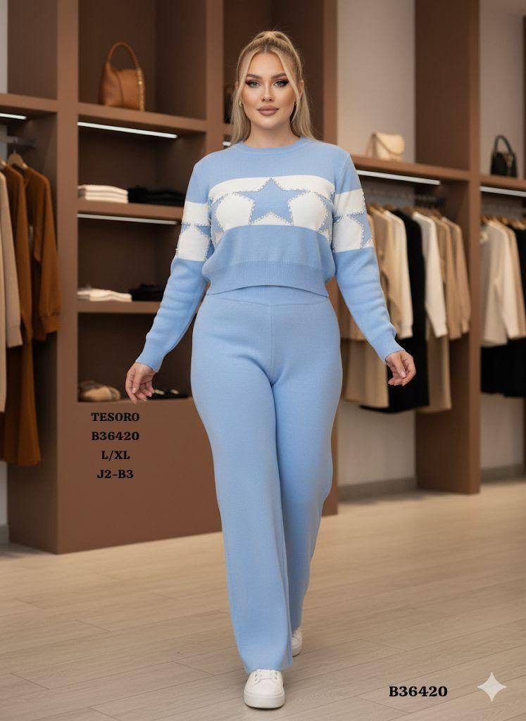 Conjunto Tejido para Dama Tesoro con Diseño de Estrellas – Suéter Crop y Pantalón Palazzo