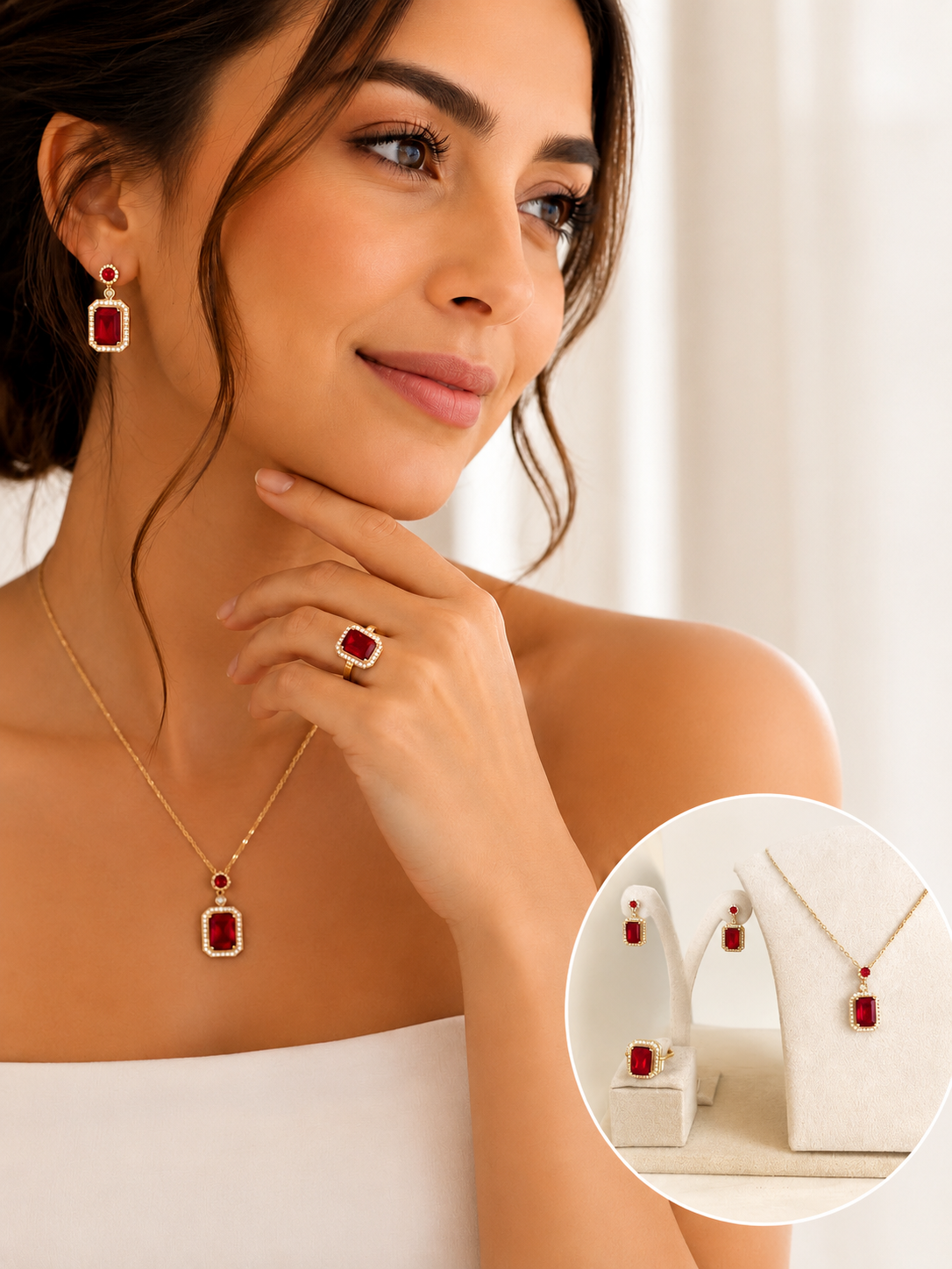 Set Elegance Rubí – Collar, Aretes y Anillo Laminados en Oro