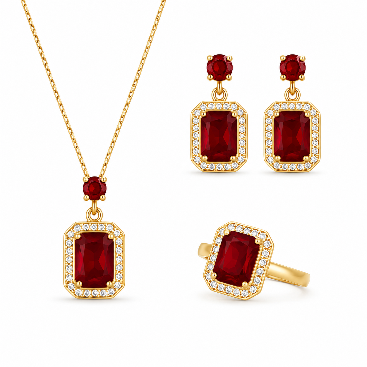 Set Elegance Rubí – Collar, Aretes y Anillo Laminados en Oro