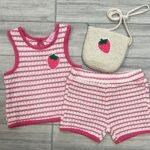 Conjunto Infantil para Niña Tejido con Short y Bolso de Fresa – 3 Piezas - Talla 2