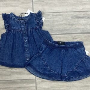 Conjunto Infantil para Niña de Mezclilla con Blusa de Olanes y Short Falda - Talla 3-6 mese