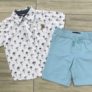 Conjunto Infantil de Verano para Niño con Camisa Estampada de Palmeras y Short Celeste - Talla 2