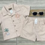 Conjunto Infantil de Verano Beige con Camisa Bordada, Short y Lentes de Sol - Talla 12 meses