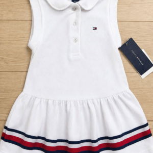 Vestido Blanco Tommy Hilfiger para Bebé Niña con Cuello Peter Pan y Detalles Tricolor- Talla 18 meses