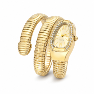 Reloj Pulsera de Doble Vuelta Dorado con Diseño de Culebra y Brillantes | Elegancia Sofisticada